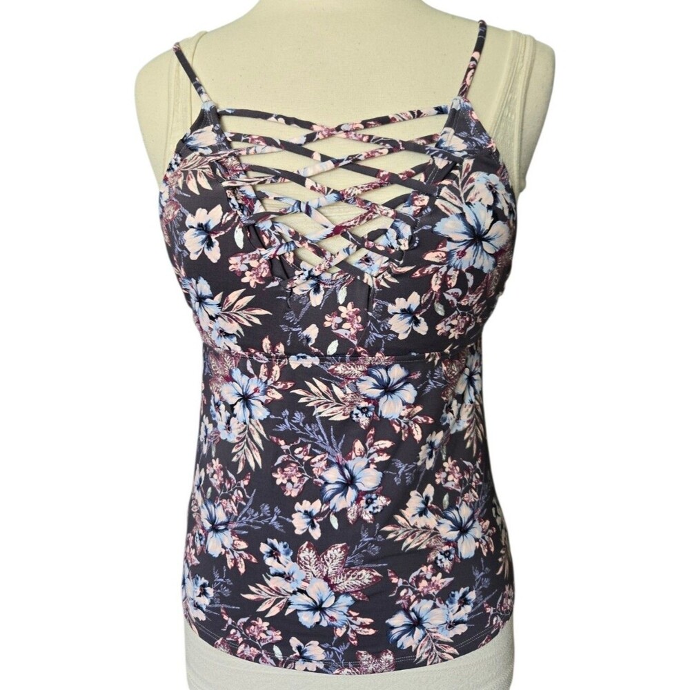 Wave Zone Floral Lace-Up Purple Tankini Top - M